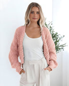 Dorine Cardigan in Soft Pink soft pink open-front chunky knit cardigan side view