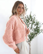 Dorine Cardigan in Soft Pink soft pink relaxed knit cardigan with pockets back view