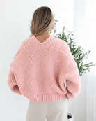 Dorine Cardigan in Soft Pink womens soft pink chunky knit cardigan styled outfit