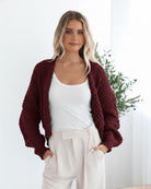 Dorine Cardigan in Wine wine knit open-front cardigan side view