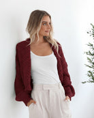 Dorine Cardigan in Wine womens relaxed knit cardigan in wine front view