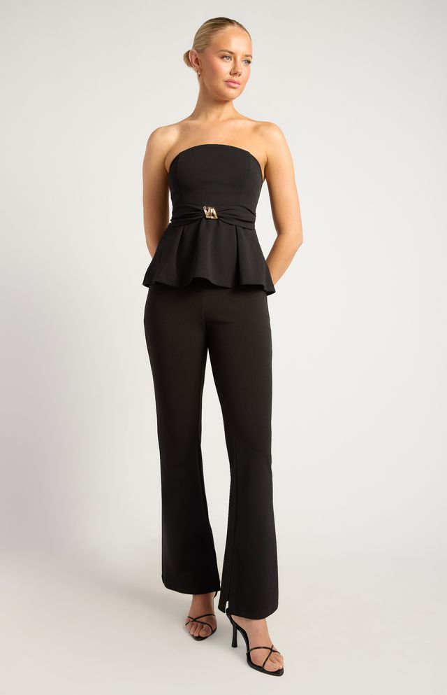 Women's black strapless peplum tube top with gold waist accent, the Ellisia Top in Black by Esther & Co