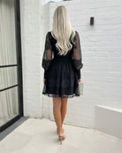 Eryndis Dress in Black womens black cut-out lace mini dress close up detail