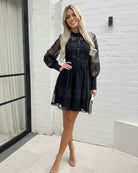 Eryndis Dress in Black black lace mini dress back view