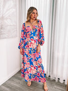 Women's cobalt blue blossom print midaxi dress with halter neckline, the Ezmeralda Dress in Cobalt Blossom by Esther & Co
