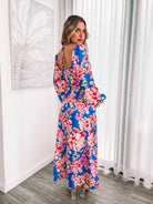 Women's cobalt blossom print dress with quarter length sleeves by Esther & Co