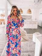 Women's cobalt blue print midaxi dress with halter neck styled for holiday by Esther & Co