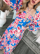 Women's cobalt blossom print flowy midaxi dress full length by Esther & Co