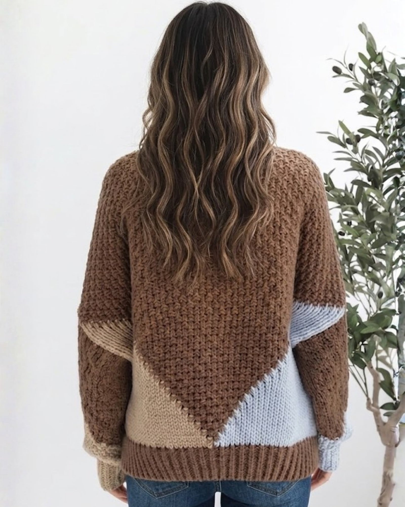 Back view of the women's mocha colour block knit cardigan by Esther & Co