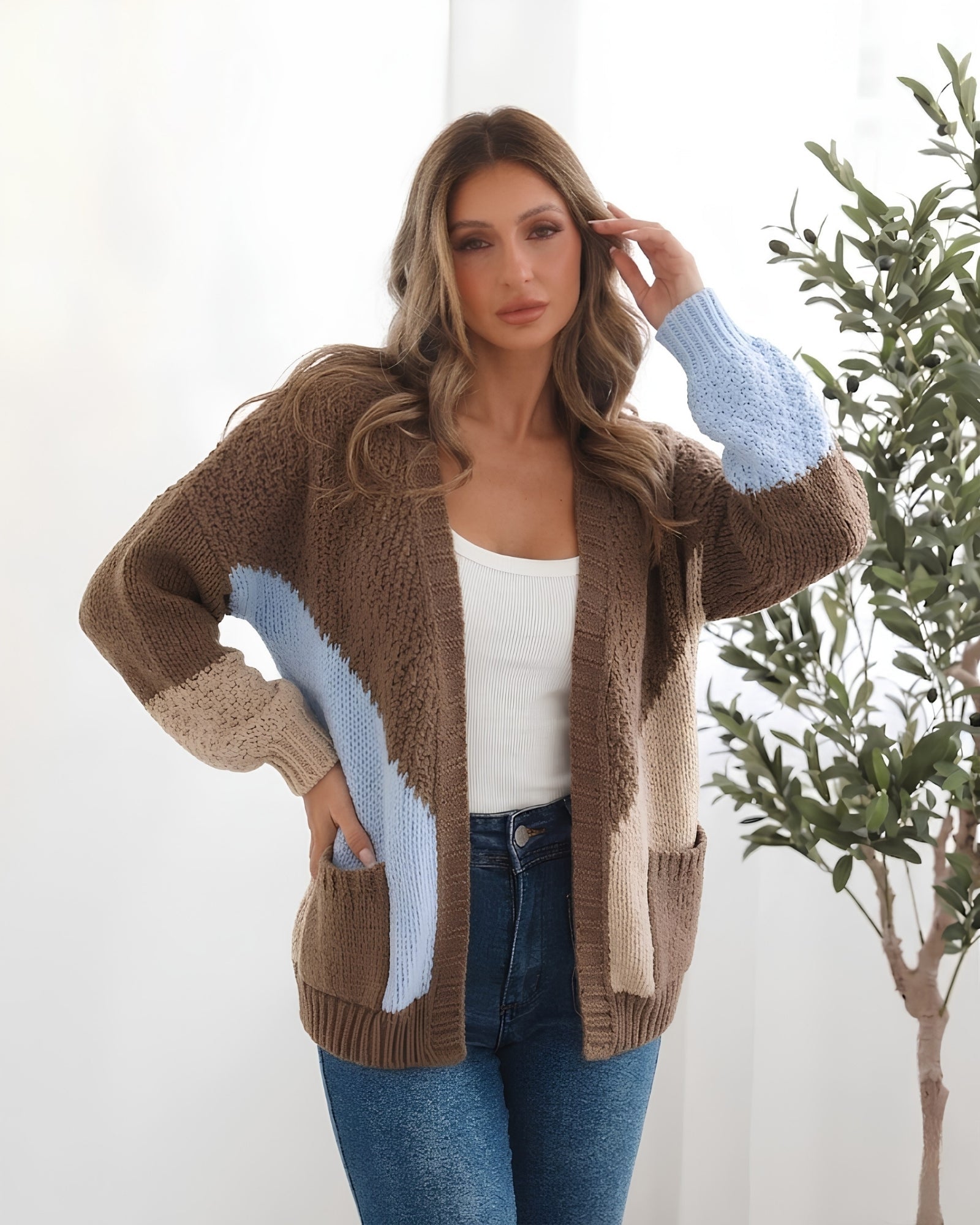 Women's mocha colour block knit cardigan with front pockets by Esther & Co