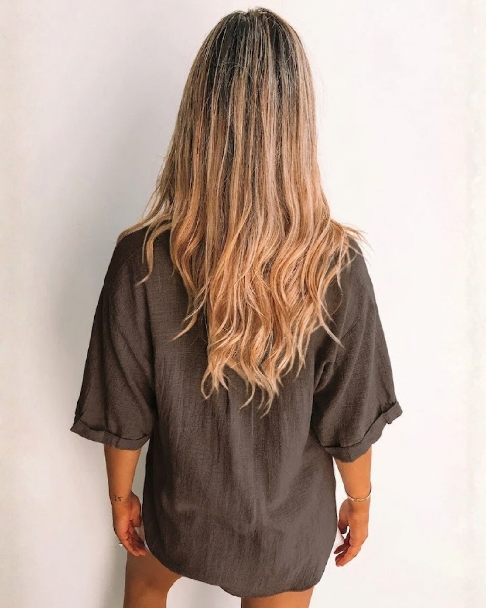 Fraise cocoa linen blouse with V neckline and button front, styled view