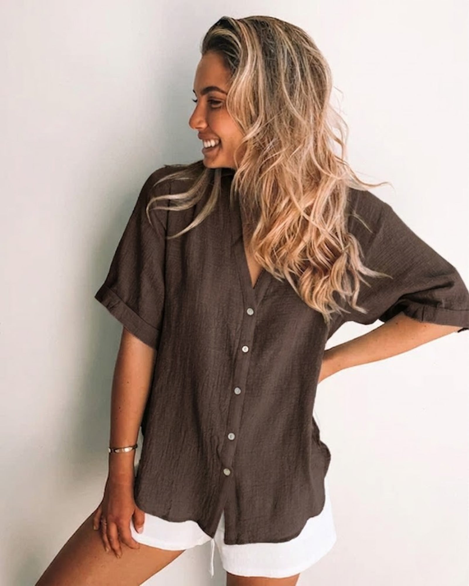Fraise Top in Cocoa womens relaxed linen blouse in cocoa brown front view