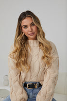 Hadi Knit in Beige womens relaxed fit knit jumper in neutral beige front view