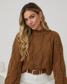Hadi Knit in Cinnamon warm cinnamon cable knit jumper with high neckline side view