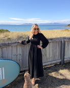 Iolana black long sleeve midi dress, alternate front