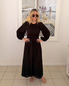 Iolana black long sleeve smock midi dress, front detail