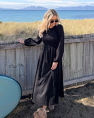 Iolana black long sleeve cotton midi dress, styled look