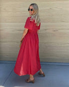 Women's cherry red a-line midi dress with short sleeves by Esther & Co
