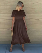 Women's chocolate brown a-line midi dress with crew neckline by Esther & Co