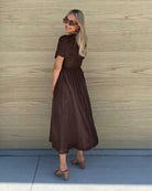 Women's flowy chocolate cotton dress with vertical pinstripe texture by Esther & Co