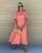 Women's coral a-line midi dress with tiered short sleeves by Esther & Co