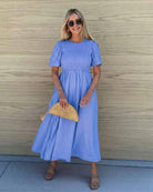 Women's cornflower blue cotton midi dress with structured bodice, the Iolana Dress in Cornflower by Esther & Co