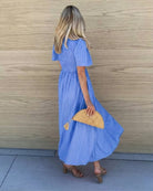 Women's cornflower blue midi dress with sweeping silhouette by Esther & Co