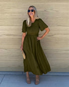Women's olive green a-line midi dress with short sleeves by Esther & Co
