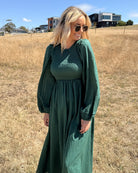 Iolana Dress in Deep Green Long Sleeve deep emerald long sleeve midi dress full length
