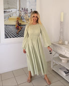 Iolana Dress in Soft Khaki Long Sleeve womens cotton midi dress long sleeve front view