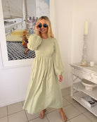 Iolana Dress in Soft Khaki Long Sleeve womens soft khaki long sleeve midi styled outfit
