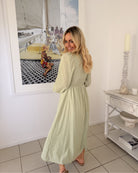 Iolana Dress in Soft Khaki Long Sleeve soft khaki long sleeve cotton midi side view