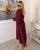 Iolana wine long sleeve cotton midi dress, styled view