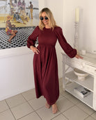 Iolana wine long sleeve cotton midi dress, full length