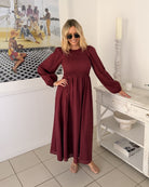 Iolana wine long sleeve cotton midi dress, styled look