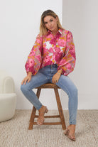 Janette Shirt in Pink Floral womens floral jacquard blouse in pink front view