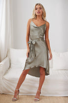 Jessica Dress in Khaki khaki satin high-low dress side view