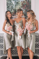 Jessica Dress in Khaki womens formal satin dress with cowl neckline front view