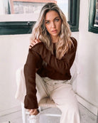 Joansy Knit in Chocolate deep chocolate ribbed crew neck knit side view