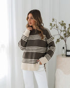 Kessie Knit in Choc Stripe womens chocolate stripe knit jumper styled outfit