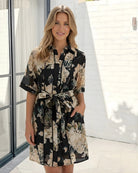 Laureana Dress in Midnight Blooms womens floral midi dress with midnight blooms print front view