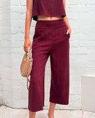 Lighthouse bordeaux wide-leg linen pants, front view