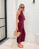 Lighthouse bordeaux linen pants, side view