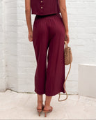 Lighthouse bordeaux cropped wide-leg linen pants, styled view