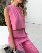 Lizzo Top in Candy Spot womens candy spot linen crop top styled outfit
