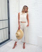 Women's sleeveless oatmeal crop top in linen cotton blend by Esther & Co