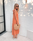 Lydia Dress in Rust rust linen tiered midi dress side view