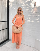 Lydia Dress in Rust womens rust linen midi styled outfit