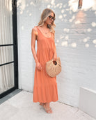 Lydia rust tiered linen midi dress, detail view