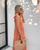Lydia Dress in Rust rust sleeveless linen midi dress full length view